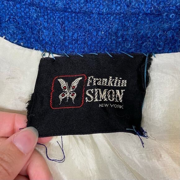 Vintage 70s Size Medium Blue & White Houndstooth Wool Blend Peacoat Jacket - Picture 6 of 9